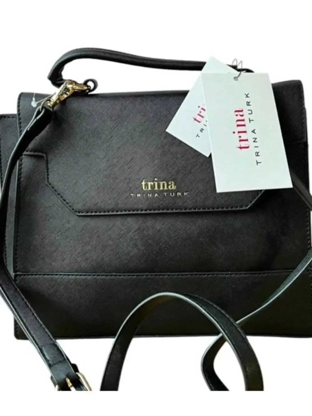 Trina Turk Top Handle Satchel Black Vegan Leather Shoulder Bag NWT $148 MSRP